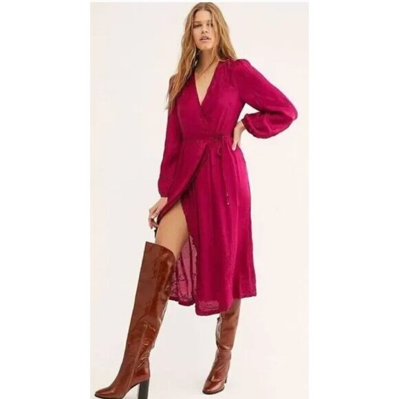 NWT Free People Meringue Wrap Embroidered Midi Pink Dress-sz Small - Picture 1 of 13